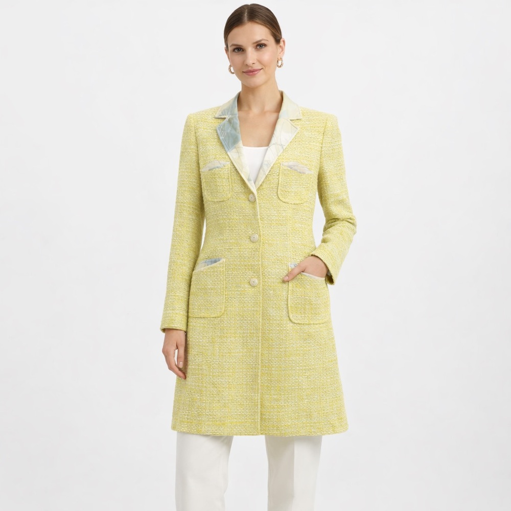 Sigrid Olsen Lemon Yellow Tweed Silk Lined Long Coat 12 Quiet Luxury Parisian